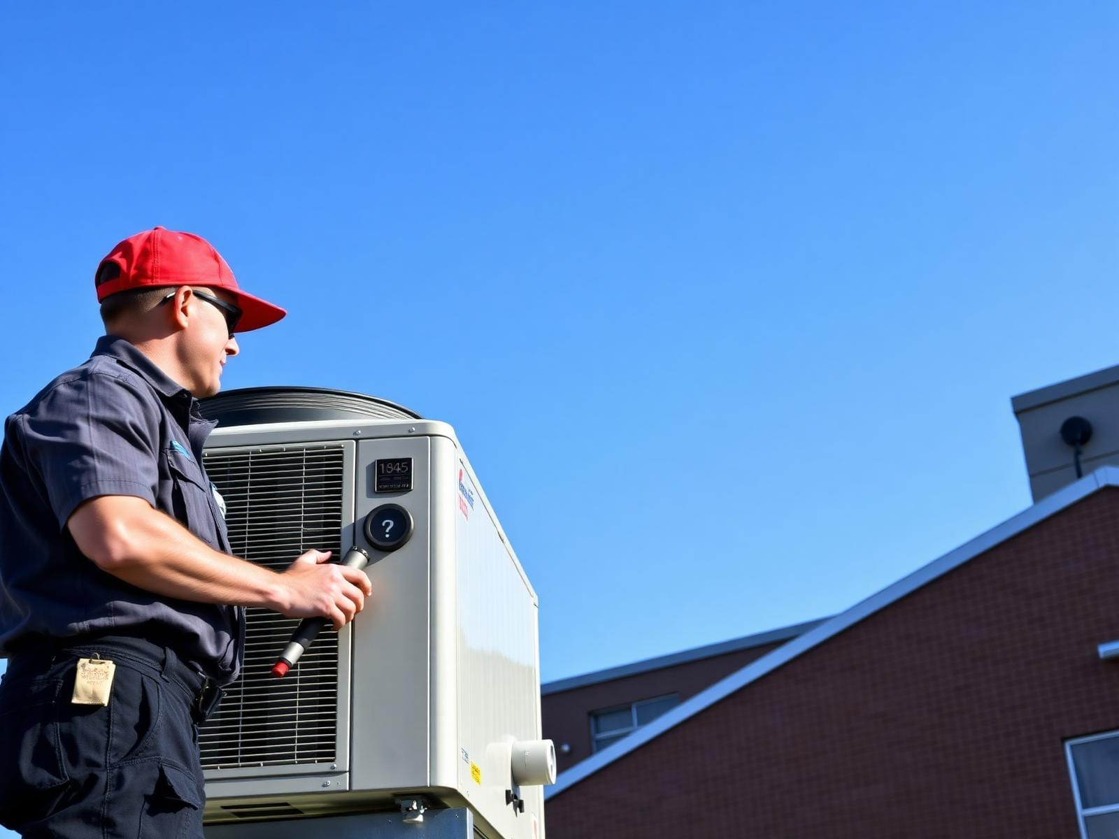 Lexington Electrical & HVAC commercial technician servicing a rooftop RTU on a Lexington, Kentucky office building.
